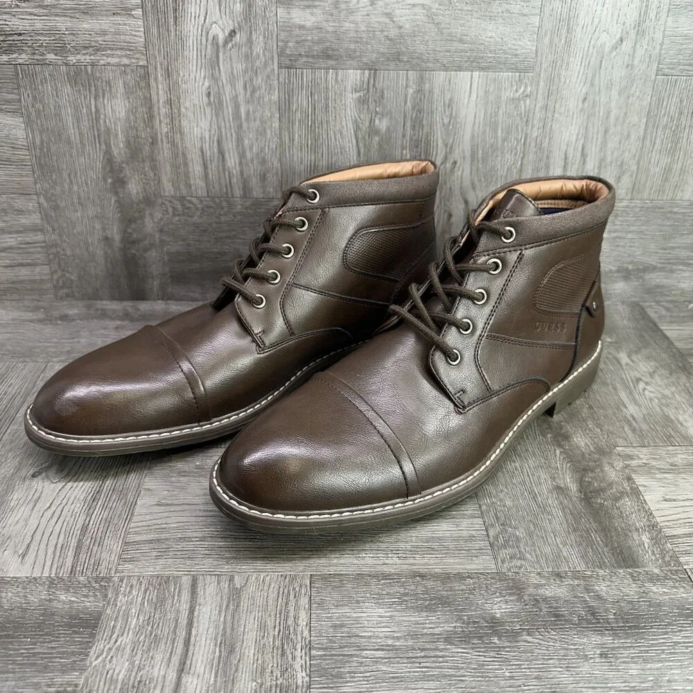 Guess Boots Mens 12 Brown Cap Toe Lace Up Synthetic Leather NEW